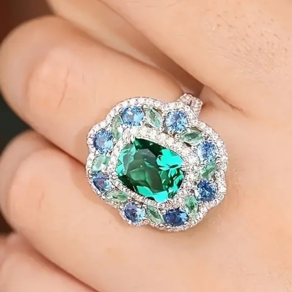 Vintage- Inspired Emerald Green And Blue Statement Ring Size 8/ Gift Ready